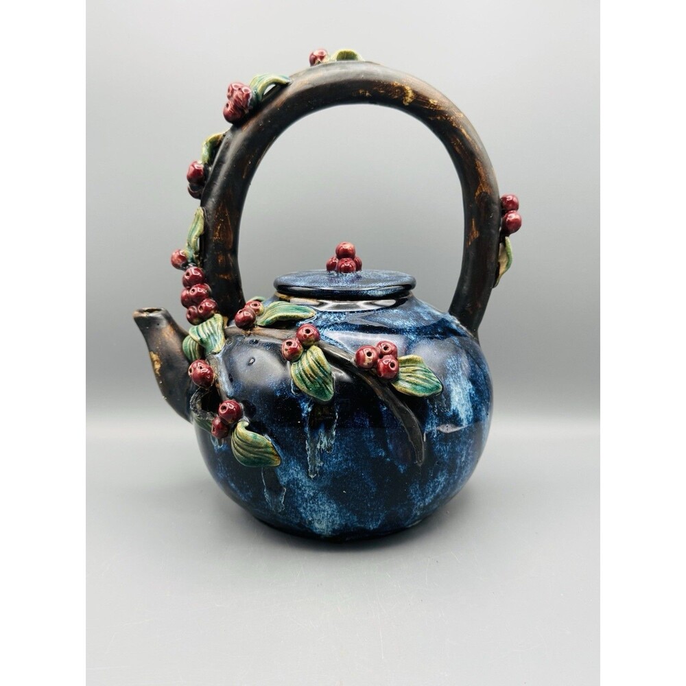 Vintage Majolica LargeBlue Tea Pot Hand Painted Decorative W/ Berries & Leaves
